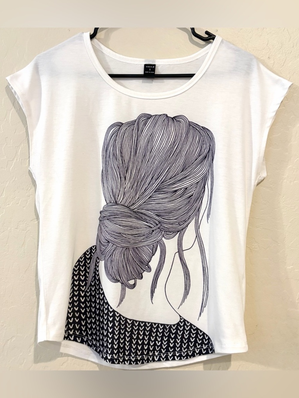 Shein X Graphic Tee Woman Line Art Hair White Relaxed Fit- Size Small
